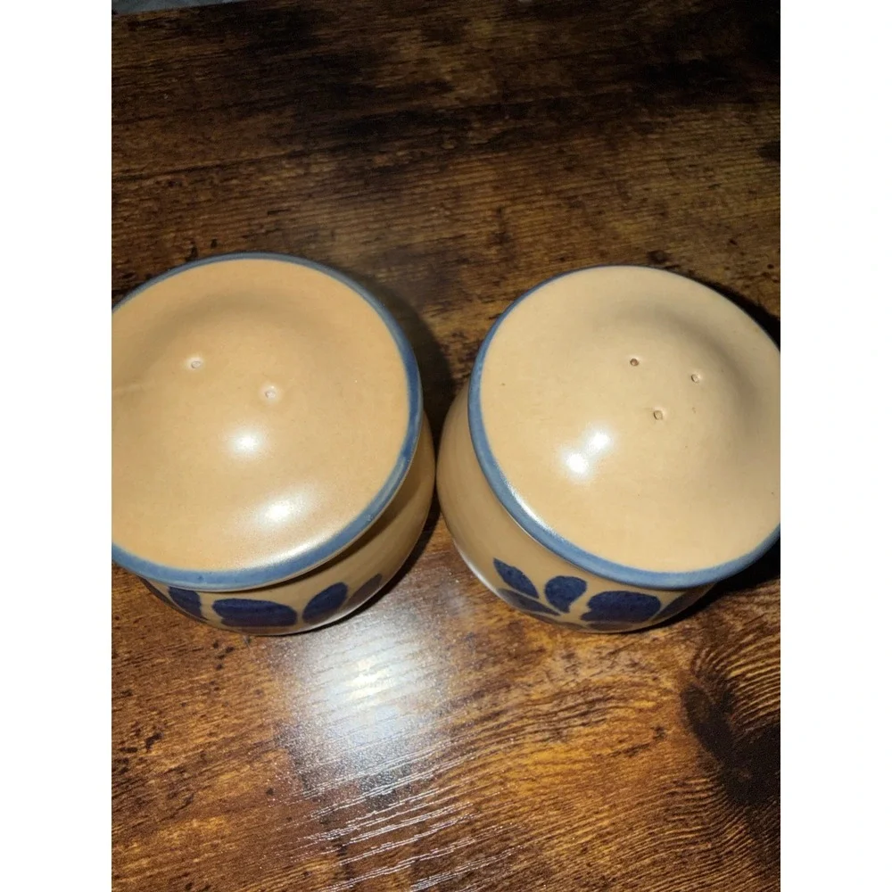 Vintage Stoneware Salt and Pepper Shakers Blue‎ Floral Hand Painted Pottery Set